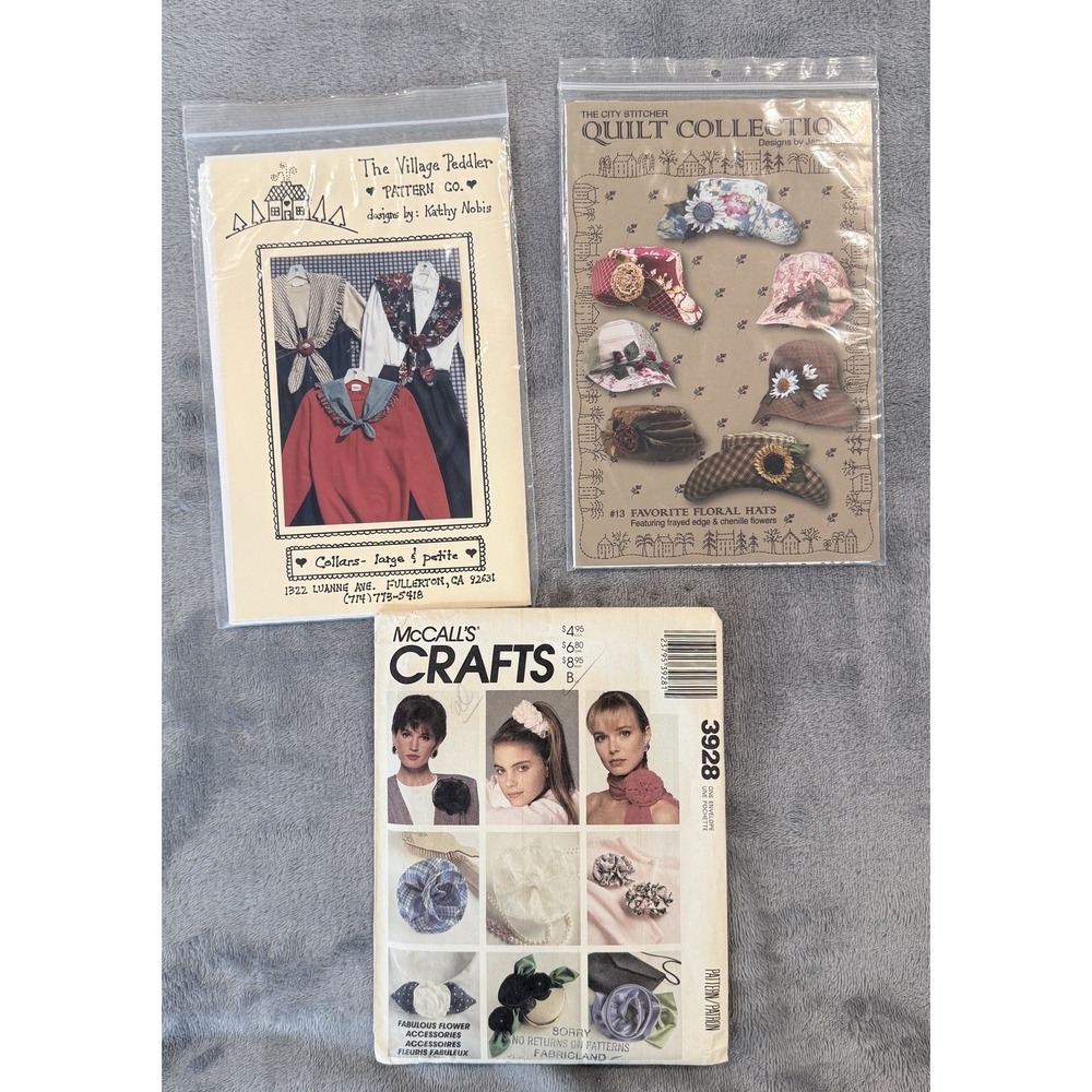 3 Vintage Sewing Patterns Lot McCall's 3928 Floral Hats Collars Janet Miller DIY